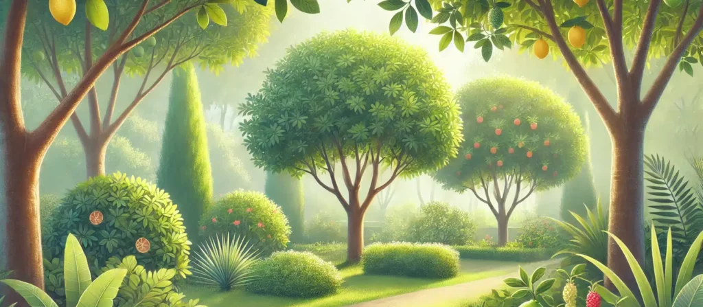 גינה שלווה עם עצי פרי ירוקים כמו גויאבה, תות עץ ולימון, עם אור שמש רך ושביל קטן בין הצמחייה.