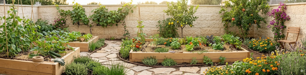 ידול ירקות בבית בתוך ערוגות עץ מוגבהות בשמש מלאה. דוגמה מושלמת לשילוב של גינה אורגנית ביתית מניבה כחלק מתכנון ועיצוב גינות חכם.