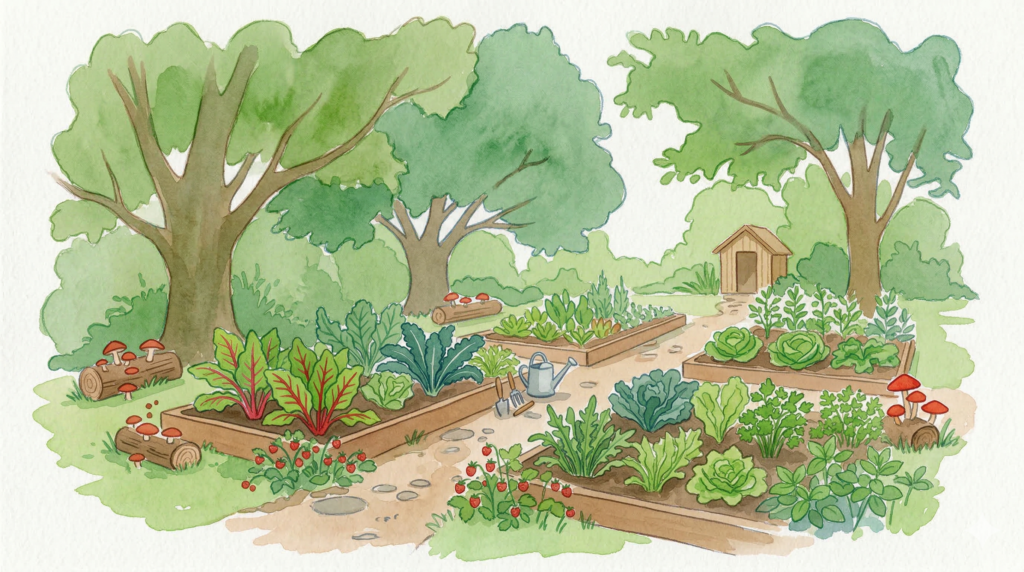 גינת ירק משגשגת בצל תחת עצים, הכוללת ערוגות מוגבהות עם ירקות עליים, תותי יער ופטריות.