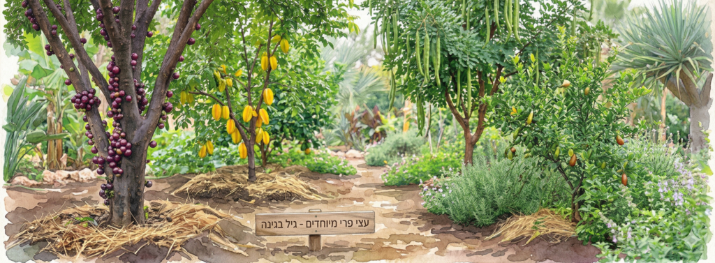 עצי פרי מיוחדים בגינה אקולוגית. בתמונה ניתן לראות עצי פרי לגינה כמו ז'בוטיקבה, קרמבולה ושעועית הגלידה, נטועים באדמה עם חיפוי קרקע טבעי.