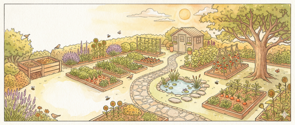 איור בצבעי מים המציג תכנון גינה אקולוגית הכולל ערוגות שתילה, שבילים, קהילות צמחים מגוונות ואלמנטים טבעיים לאגירת מים.